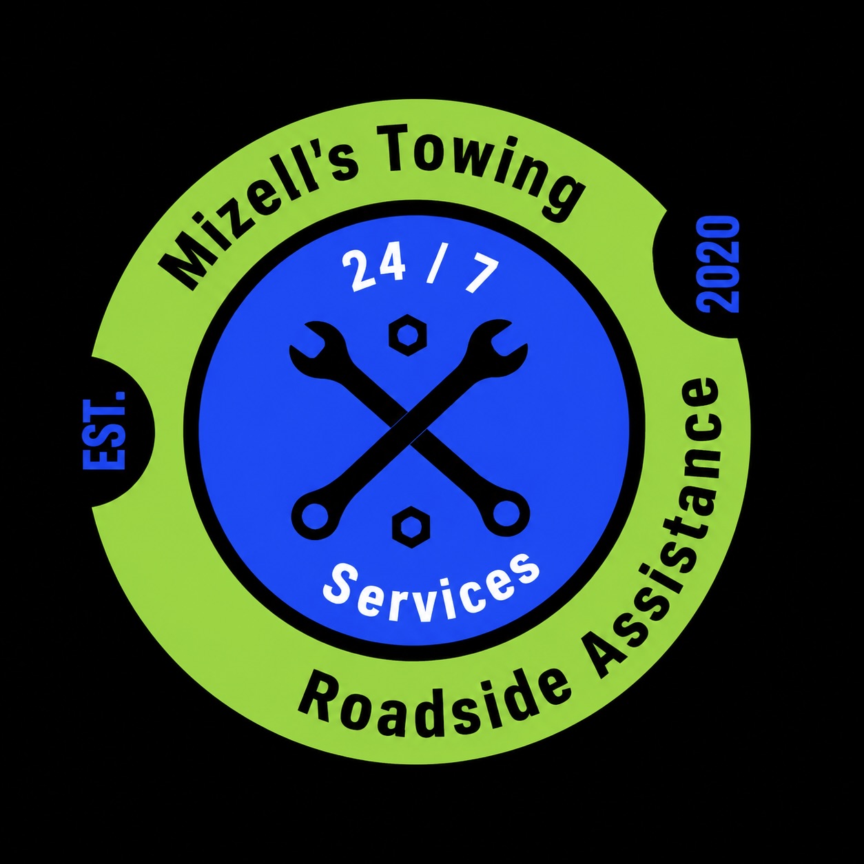 Mizell's Towing logo with crossed wrenches, 24/7 Services, EST, Roadside Assistance 2020