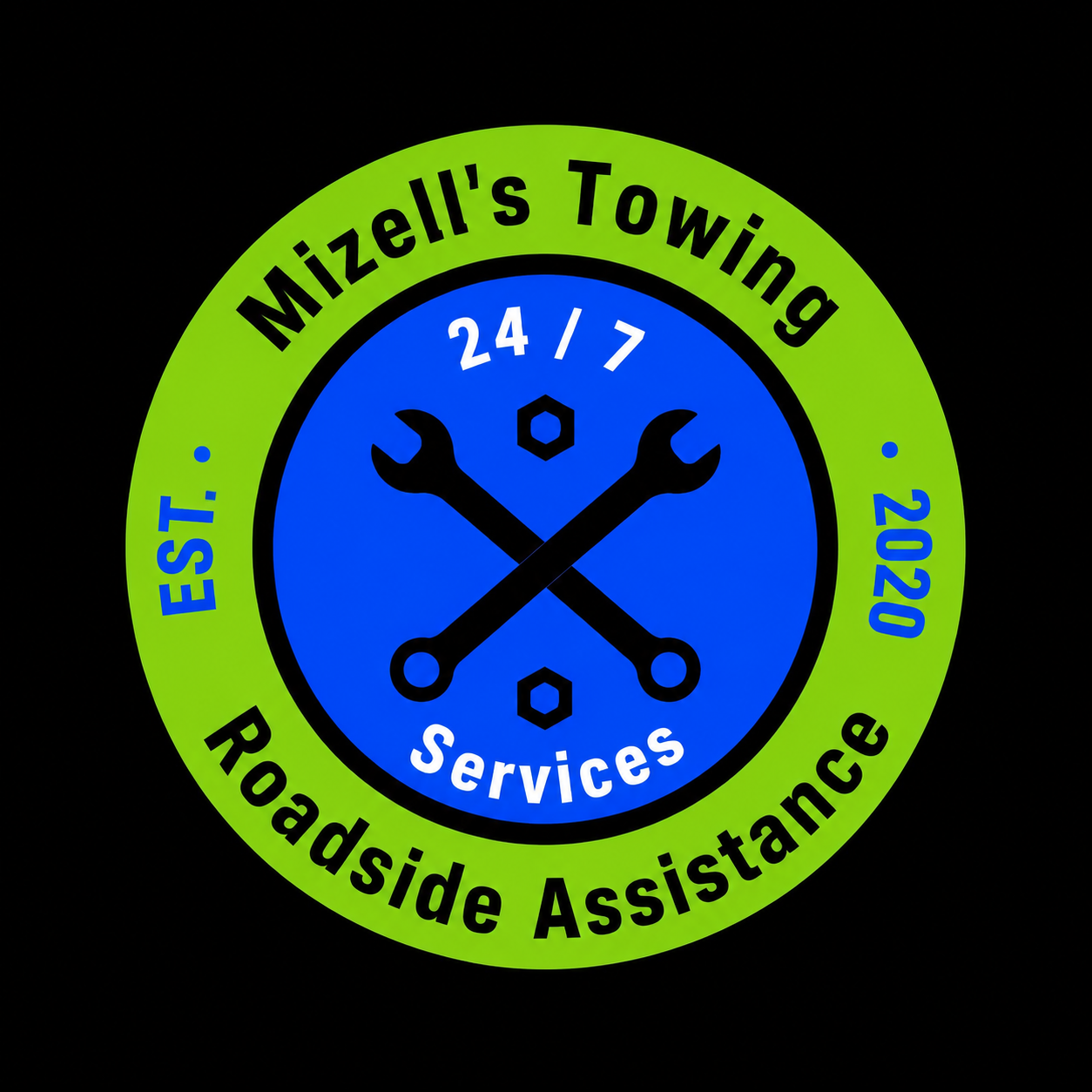 Mizell's Towing 24/7 Services logo with crossed wrenches on blue circle and green border